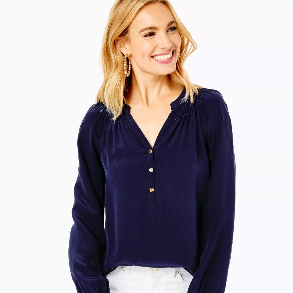 New Lilly Pulitzer Elsa Silk Top, True Navy